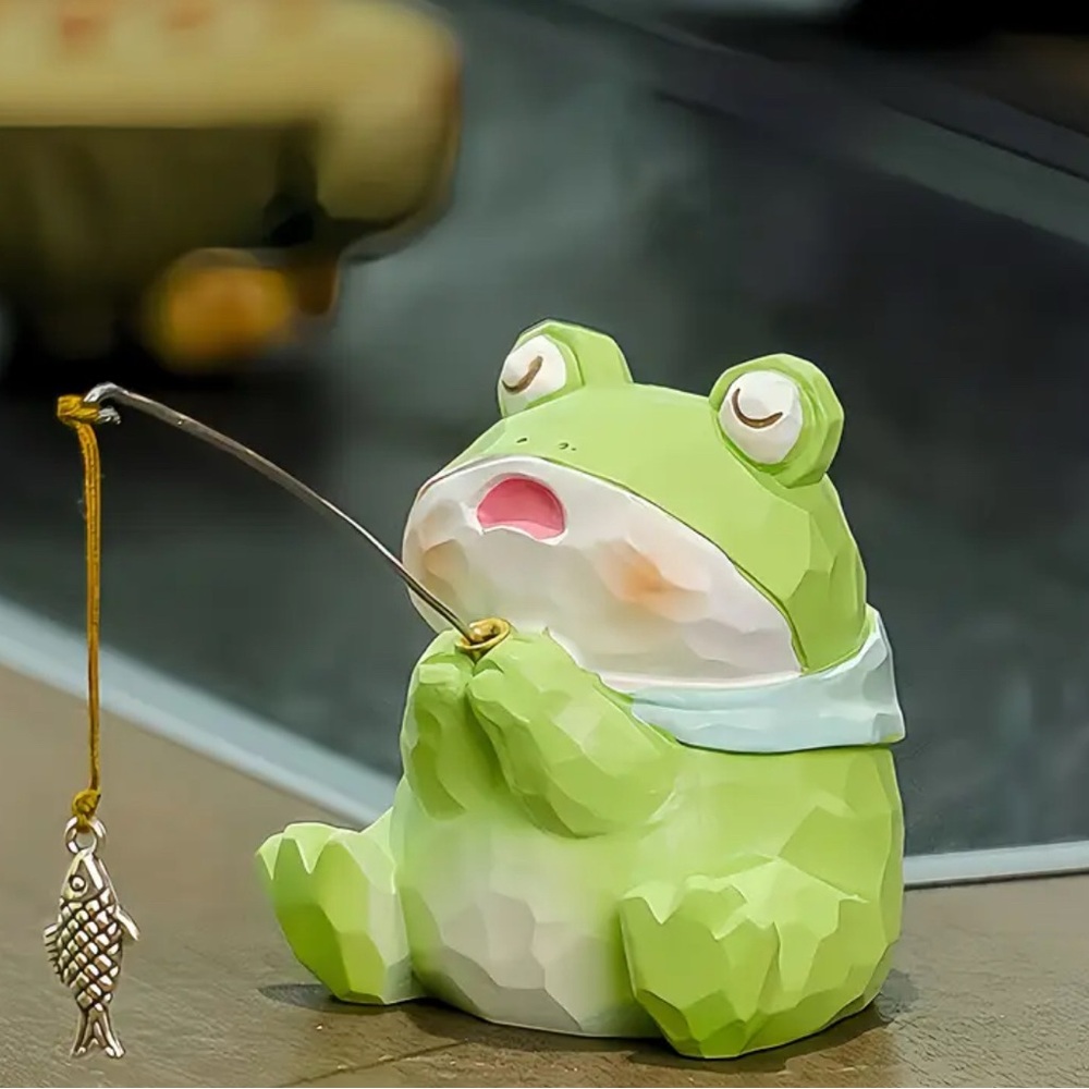 Green Frog Figurine with Fishing Rod